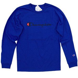 Champion Men's Heritage Script Long Sleeve Graphic T-Shirt Blue Logo Print